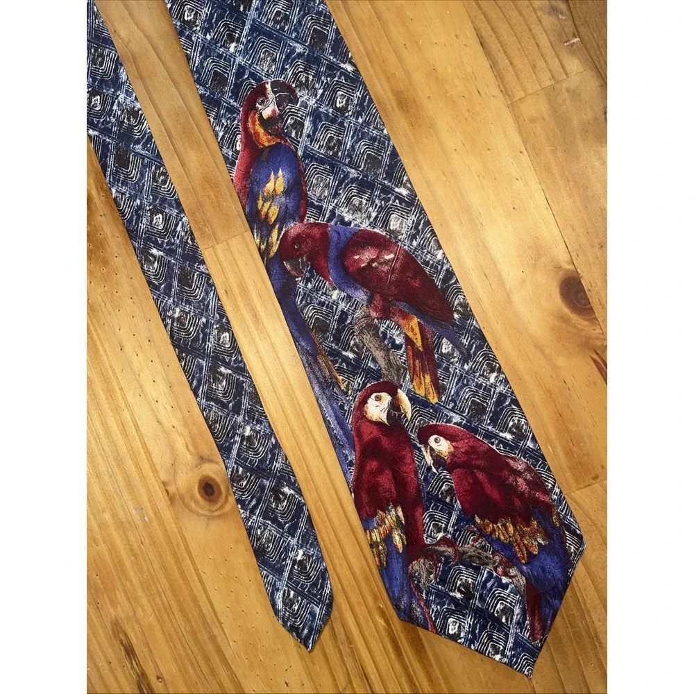 Endangered Species Necktie Men Blue Red Parrots Business Tropical Wedding Resort